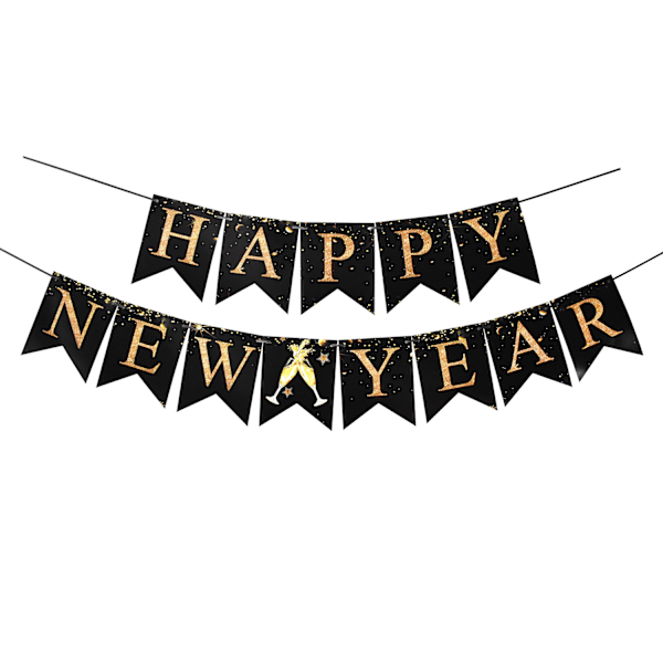 Svart guld Happy New Year-banderoll för nyårsfestdekorationer, ännu mer lyxig och stämningsfull.