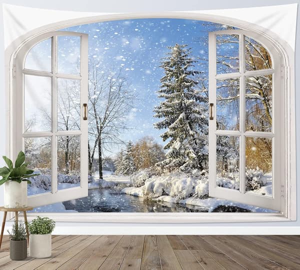 80Wx60H inch Winter Forest Tapestry Wall Hanging Window Outside S