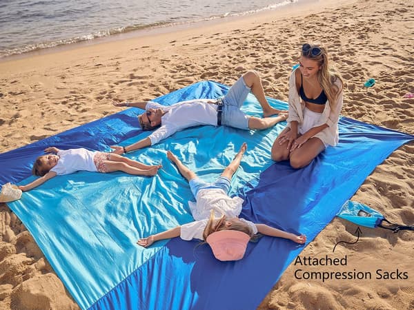 Beach Blanket Sandproof Waterproof, Extra Large Beach Mat, Oversized & Compact Sand Free Mat with 6 Stakes & 4 Corner Pockets