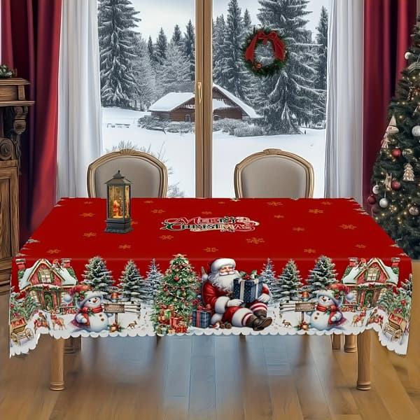Julbordsduk, jultomte, snögubbe och julgransmönstrad bordsduk, julbordsduk, rektangulär bordsduk