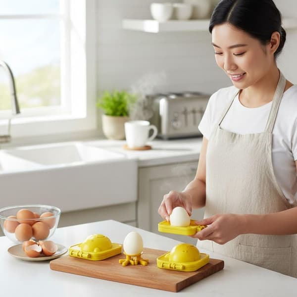 A set of two yellow chicken-shaped egg molds for boiled eggs - cute and creative egg shapers, a fun breakfast aid.