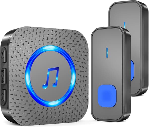 Wireless Doorbell Outdoor Waterproof 300M Two Button Transmitters with One Plug-in Receiver, Blue LED Indicator
