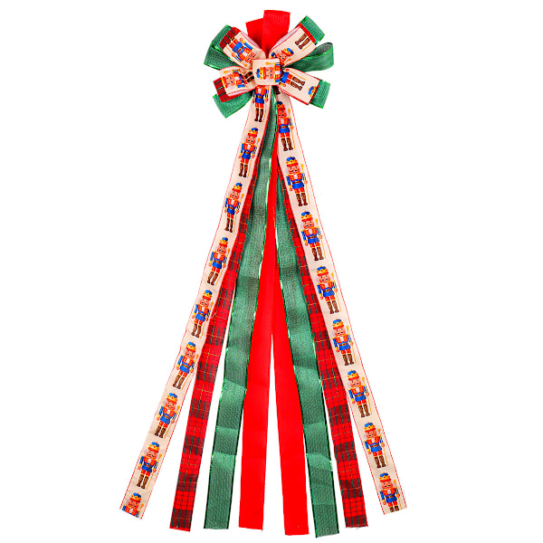 Klassisk Juletre Topp Sløyfe Nøtteknekker Mønster Topp Sløyfe med Satengbånd Stor Sløyfe Juletre Ornament