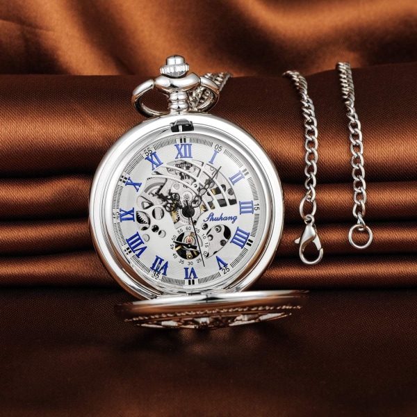 Unisex Mechanical Pocket Watch with Silver Chain