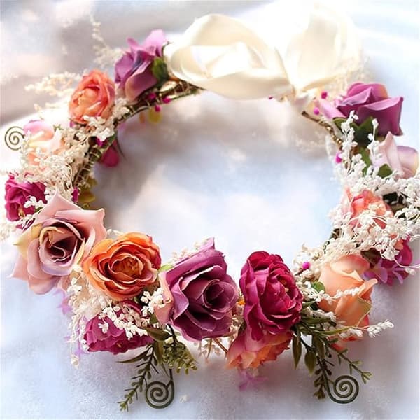 Bryllupskrone Brudepikekrone Rose Blomsterhode med Bånd Fotorekvisitt