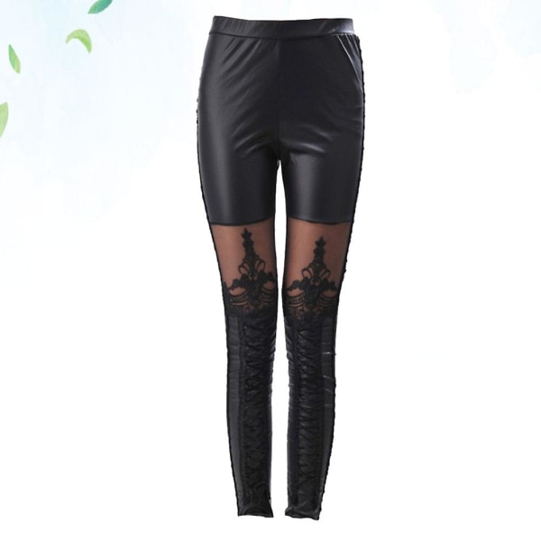 Imitasjonsskinn Lace Splicing Leggings Kvinner Høy-midjet Bukser Tynne Strømpebukser Bukser For Kvinner Kvinne (svart Størrelse M)BlackM Black M