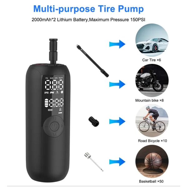 Tire Inflator and Mini Bike Pump, Portable Air Compressor for Car, Bike, 150 PSI, Auto Shut-Off with and Valve