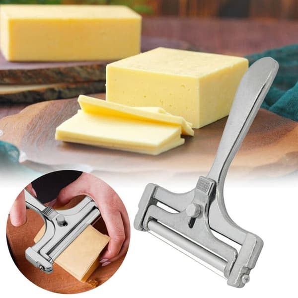 Cheese slicer with roller and cutting wire, variable slice thickness, stainless steel/aluminum, retro design, rotating disc, silver