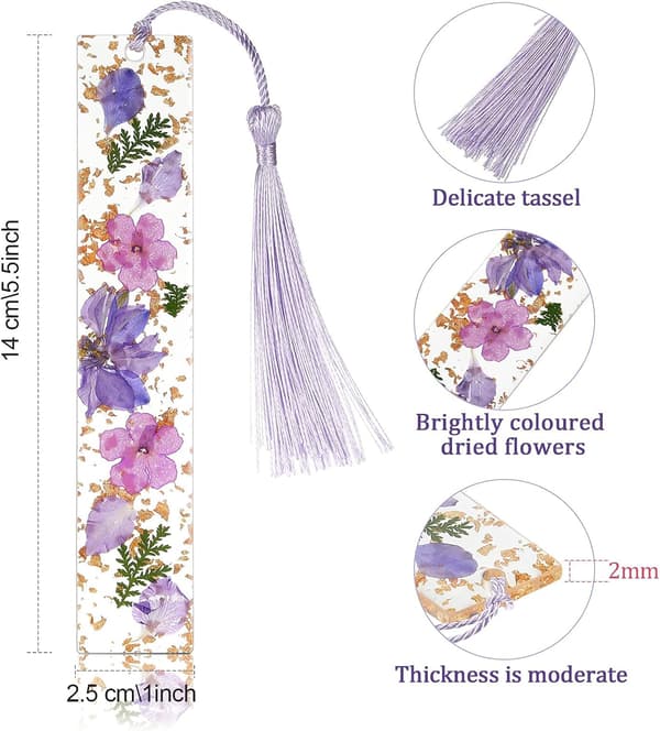 stykker af tørrede blomsterharpiks bogmærker med farverige silkebløde kvaster