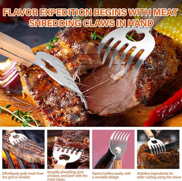 Stainless Steel Meat Grinder with Long Wooden Handle - Grill Tool for Pulling Pork, Chicken, Turkey, Serving and Shredding (Ho)