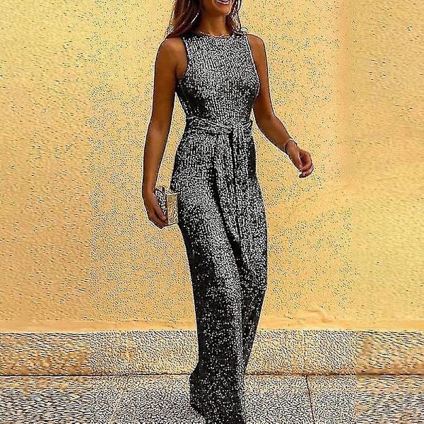 Europeisk och Amerikansk Rundhalsad Ärmlös Personlig Sekvens Silverprickig Jumpsuit Damkläder XXL Svart Black XXL