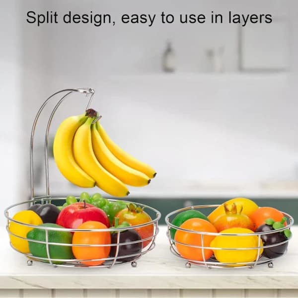 2-Tier Fruit Basket with Banana Hanger, Detachable Rust-Resistant Metal Storage Bowls for Kitchen Counter, Silver Silver Silver