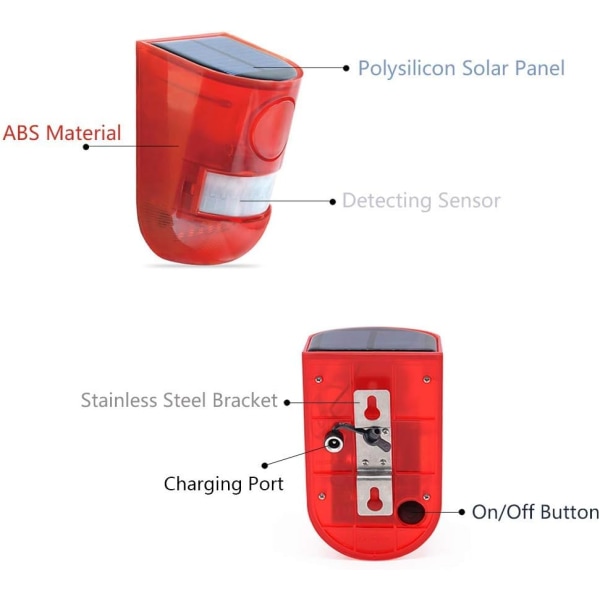 Solar Bevægelsessensor Detektor Sirene Lyd Alarm LED Advarsel Strobe Blinkende rødt lys Sikkerhed Udendørs Vandtæt enhed Hold dyr væk for
