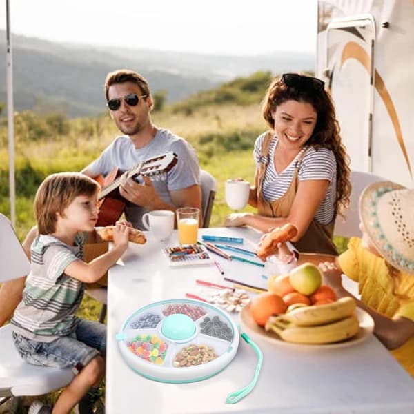 5-Compartment Rotatable Snack Box, Reusable Portable Snack Tray with Carry Handle