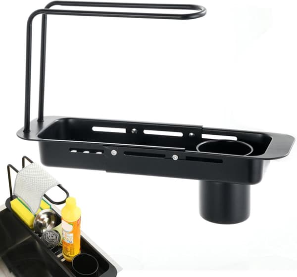 Extendable Stainless Steel Sink Rack 31.5-44.5 cm - Over-the-Sink Dish Drying Rack with Sponge Holder - Black