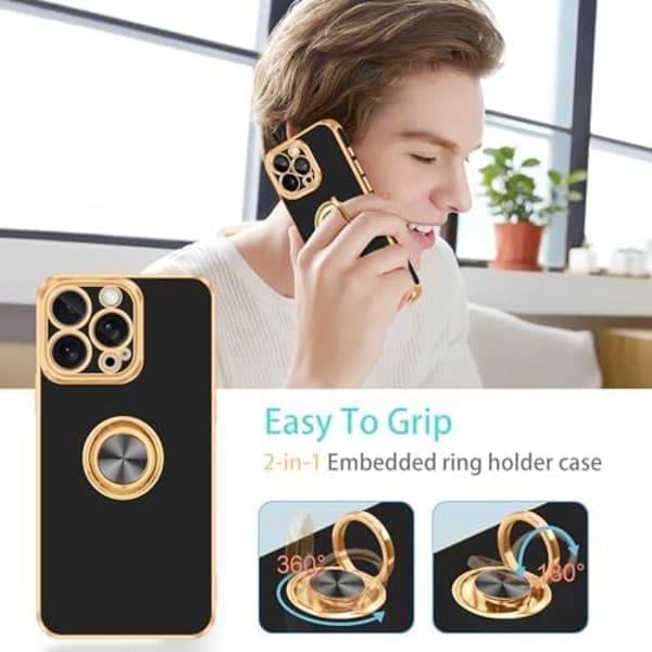 iPhone 16 Pro Max Case [with 360° Rotatable Ring Holder][Magnetic Car Mount Support] Glossy Gold Plated Thin Soft TPU