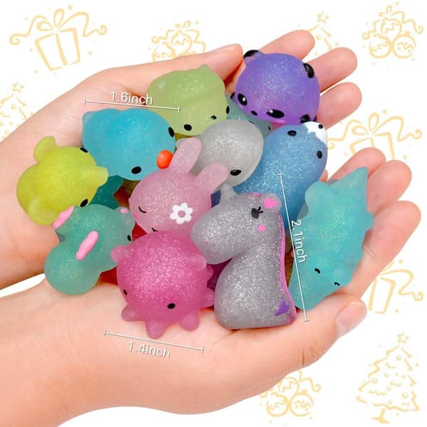 20 stk. påskekurvfyld med Squishy-legetøj (tilfældig stil), forfyldte påskeæg med glitter mini bløde dyr, Squishy