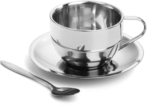 4-pak kaffekopsæt i rustfrit stål, 177 ml kaffekrus med ske og underkop, dobbeltvæggede espressokopper til kaffe, latte, te, mælk