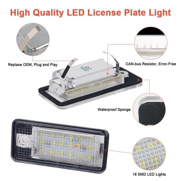 LED-nummerpladelys, Superklare 6000K Xenonhvide 18SMD-pærer, 2 stk. LED-nummerpladelys