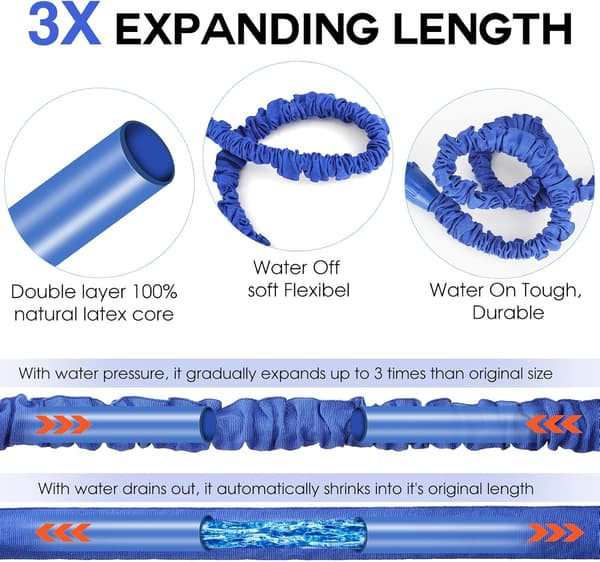 50ft Expanderbar Trädgårdsslang - 3X Stretch med 8-läges Sprutpistol - 3/4\" & 1/2\" Läckagesäkra Anslutningar - Lättvikt