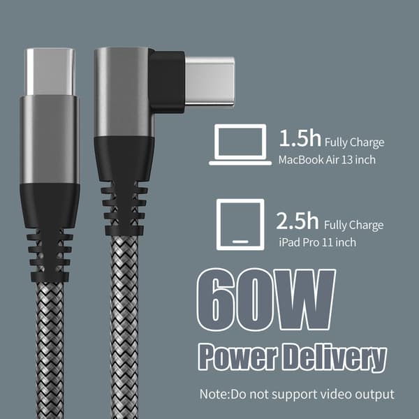 USB-C oplader med vinklet stik 60 W PD hurtigopladning Sort 2 m Sort Black 2 m