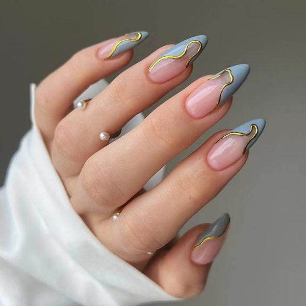 24 stk. - MINGCHUN Sommer Falske Negle Tryk på Franske Negle Kunst Tips Glitter Linje Design Fuld Dækning Akryl Falske Negle Lim