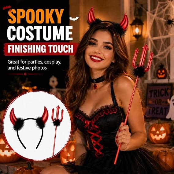 Halloween Devil Horn Hodeplagg 4-delt sett, Halloweenfest Kostyme og Rollespillgave