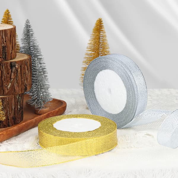 2 rullar av (20mm x 25m) Julband, Guld och Silver Organza