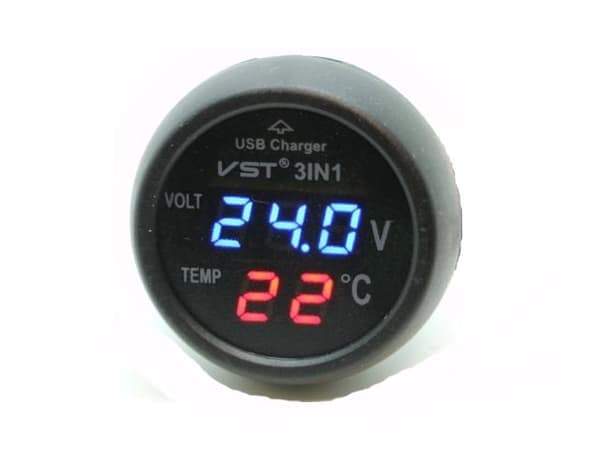 Voltmeter Temp + USB 5v lader 4-30v DC bil båt bobil campingvogn Svart
