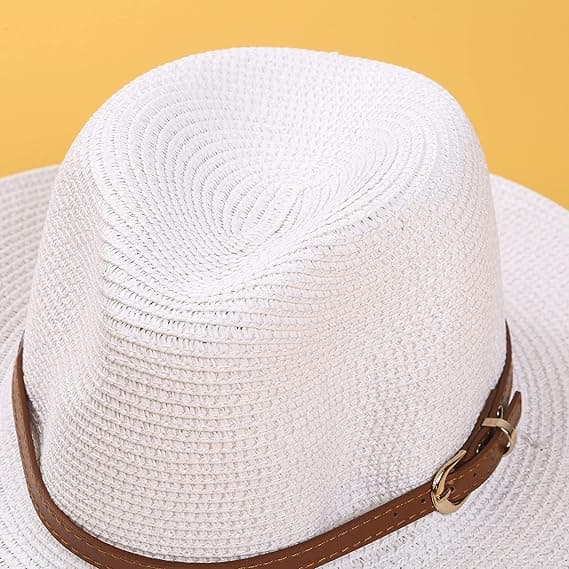 Mænd Kvinder UPF50 Foldbar Sommer Stråhat Bredskygget Fedora Solstrandhat (Hvid, One Size)