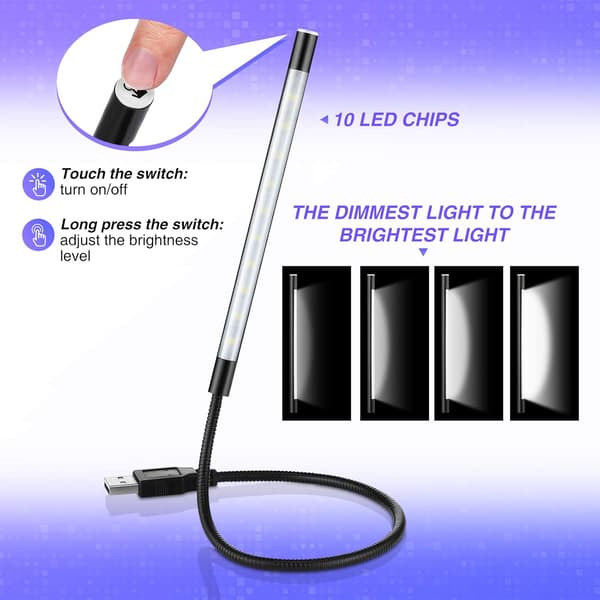 2 stk. USB LED-læselamper, fleksibel USB-boglampe, dæmpbar LED USB-touchlampe med svanehals til bærbar computer, bog, seng, sort sølv