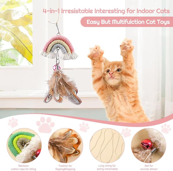 2-pack Feather Cat Toy Set with Retractable Teaser Stick & Adhesive Hook | Interactive Hanging Toy for Indoor Play & Hunting