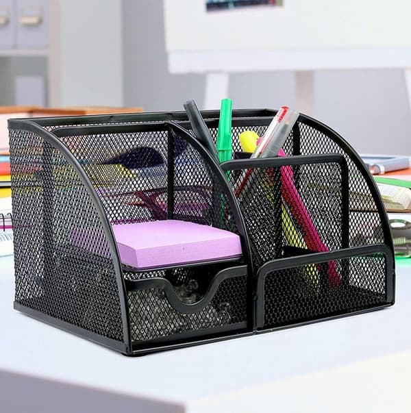Desk Organizer 6 Compartments and 1 Drawer Black for Home Office