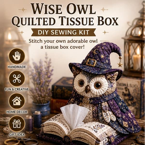 Smart Owl Quilted Tissue Box DIY Sewing Kit, Cute Tissue Box, Animal Pattern Patchwork, Craft Kit for Adults, Creative Home (Not a Finished Product)