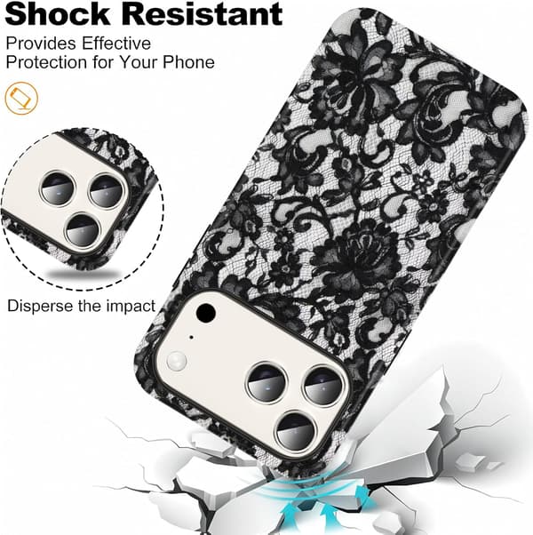 A beautiful black lace pattern case, silicone compatible, suitable for 17 Pro 6.3 inches, shockproof.