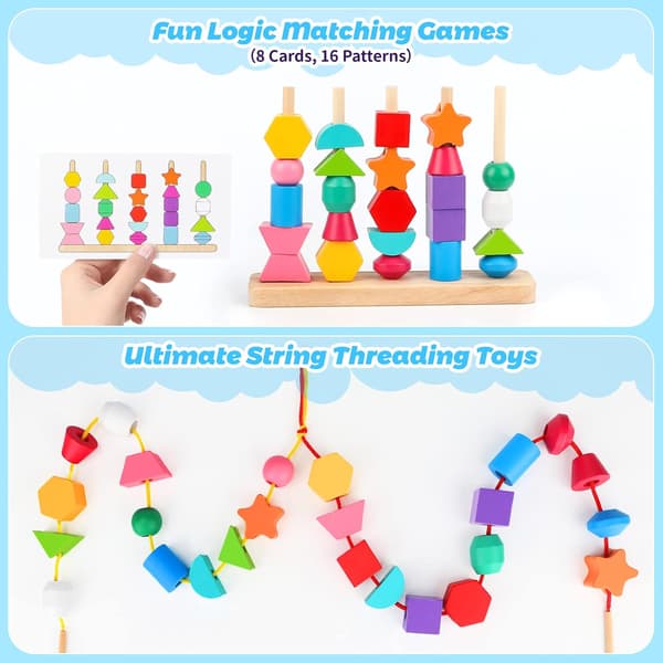Montessori Wooden Bead Sequencing Toy Set, Stacking Blocks & Lacing Beads & Matching Shape Stacker for 2 3 4 5 Year Old STEM Preschool Learning