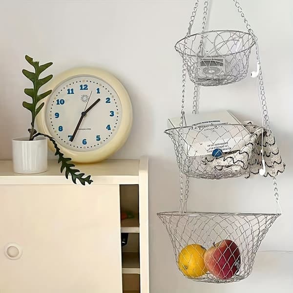 Three-tier fruit basket, kitchen storage basket for vegetables, hanging chain, space-saving, plant storage basket, fruit basket (silver)