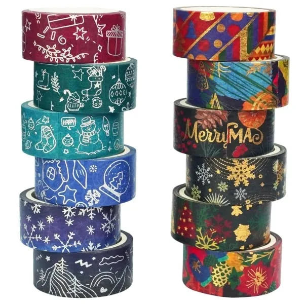 12 Rolls Christmas Tape with Decorative Mixed Christmas Patterns