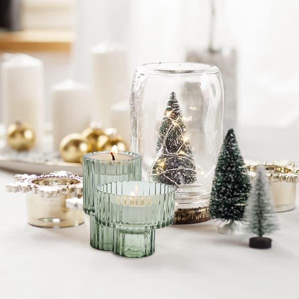 Sett med 3 lysestaker, telysholdere i glass, koniske lys, søylelys, lysestaker