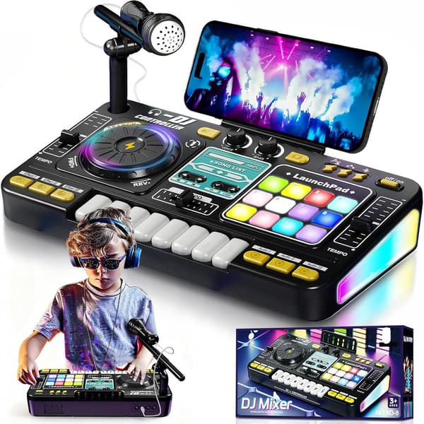 Multifunktionelt DJ-mixercontrollersæt til børn, med LED-lys, lydeffekter, en mikrofon og et DJ-keyboard i klaverstil; en