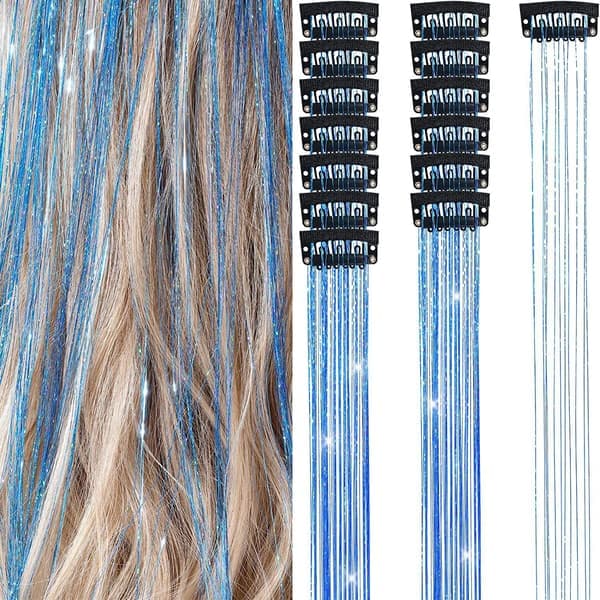 Clip-in Hår Glitter Extensions Set för Halloween Cosplay Party Blå Blue