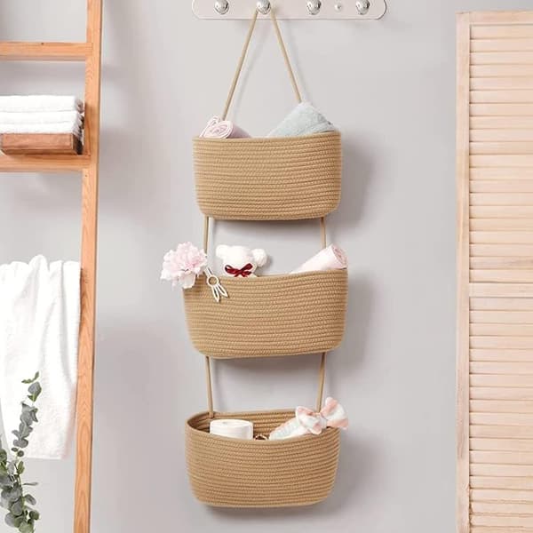 Wall Hanging Cotton Baskets - Large 3-Tier Decorative Baskets for Wall, Nursery, Bathroom (B-Brown)
