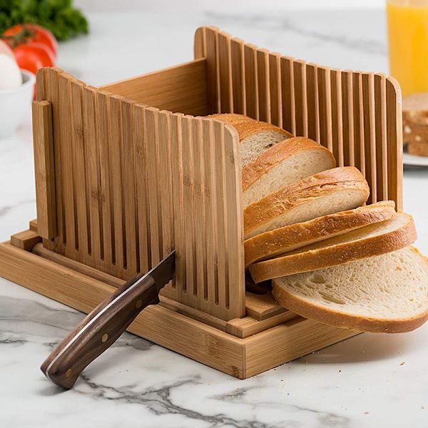 Premium Bambu Leivänleikkuri Kotitekoiseen Leivälle, Murunkerääjä, Taittuva ja Kompakti Leivänleikkuri Leikkausohjeella