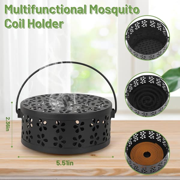 Retro Portable Iron Mosquito Coil Holder with Handle Round Fireproof Incense Holder (Black)