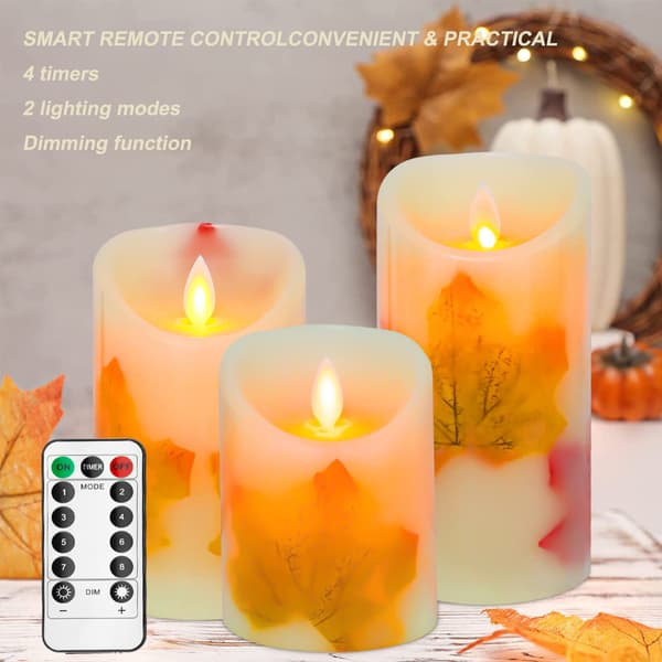 Maple Leaf Candle Lanterns, 3-pack, Warm White, Battery Operated, Electric LED Candles with Moving Wick and Flickering Flame (Maple Leaf)
