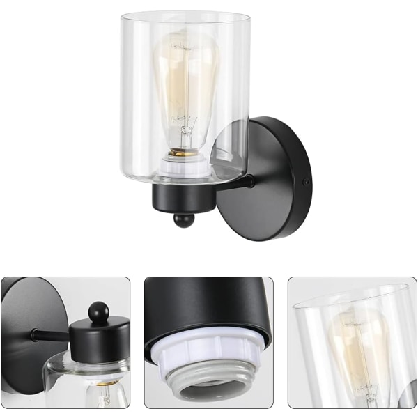 Matsort væglampe med skærm i klart glas, 1-lys badeværelse matsort væglampebelysning.