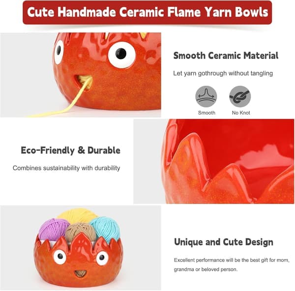 Handmade Ceramic Yarn Bowl for Crocheting - Flame Pattern Crochet Bowl, Keeps Yarn Tangle-Free, Perfect Gift for Knitters [Ho]