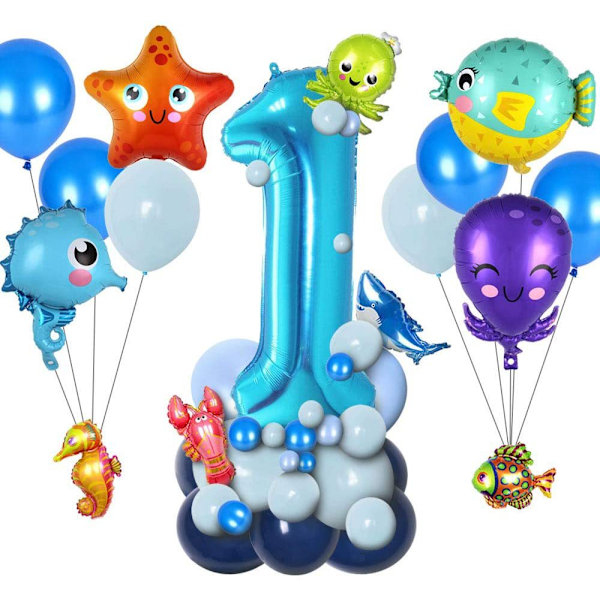 Havstema-födelsedagsprydnader för barn, 108 delar Havsfödelsedagsprydnader med Grattis på födelsedagen-banderoll, Havsdjur-ballonger