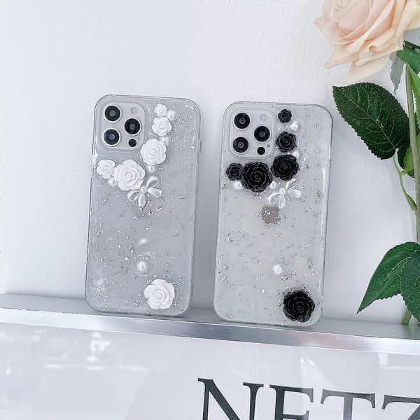 Til iPhone 12 mini 3D Perleroset Rose Glitter Epoxy TPU Telefoncover