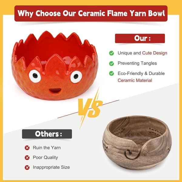 Handmade Ceramic Yarn Bowl for Crocheting - Flame Pattern Crochet Bowl, Keeps Yarn Tangle-Free, Perfect Gift for Knitters [Ho]